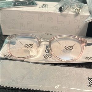 Sojos Anti Blue Light Glasses Light Pink Round Frame Carry Case & More NIB NWT